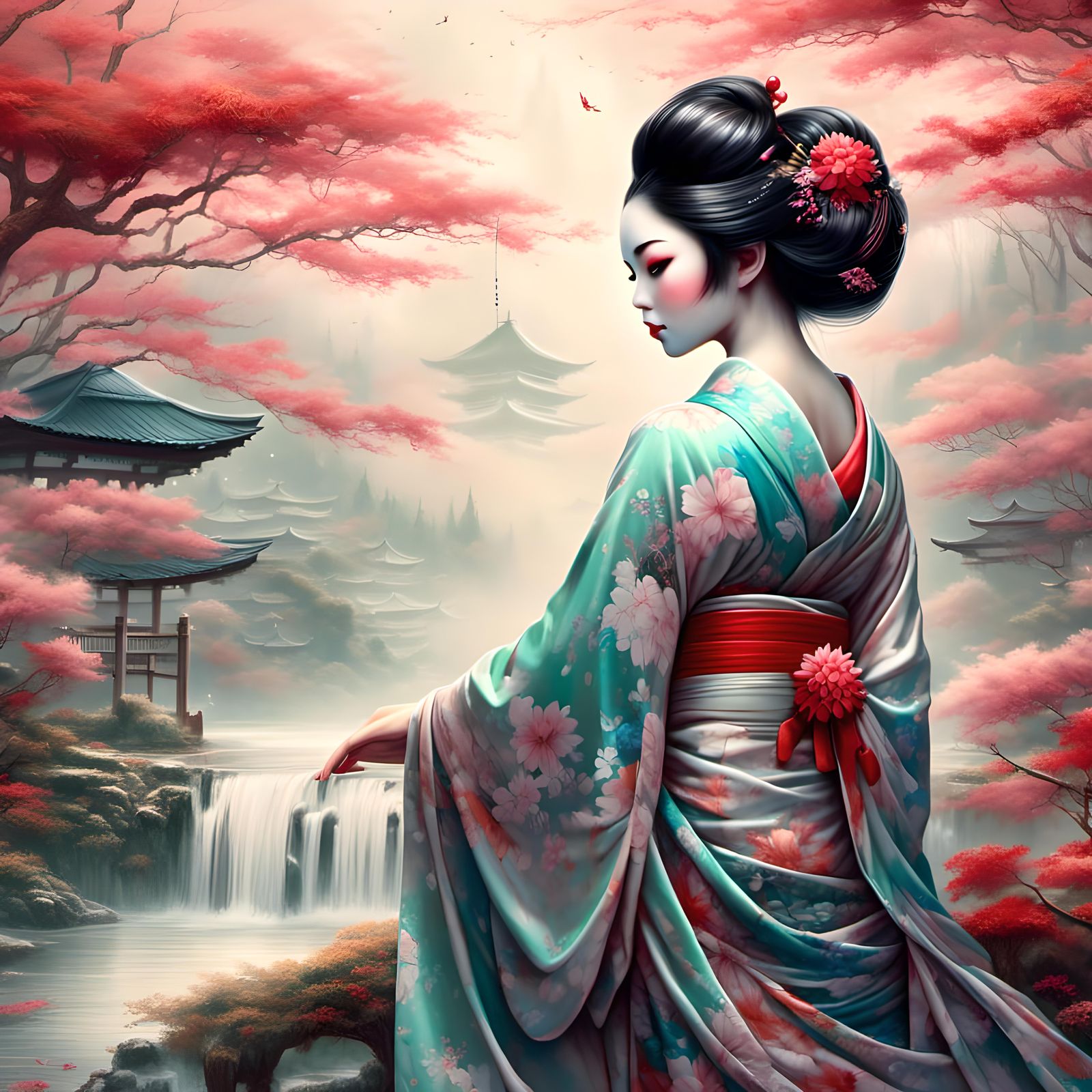 Beautiful geisha wearing a beautiful kimono with elaborate d...
