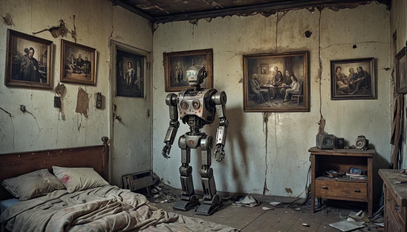 A robot standing by the bed looks at an old human family photo on the wall inside a derelict post-apocalyptic bedroom. i...