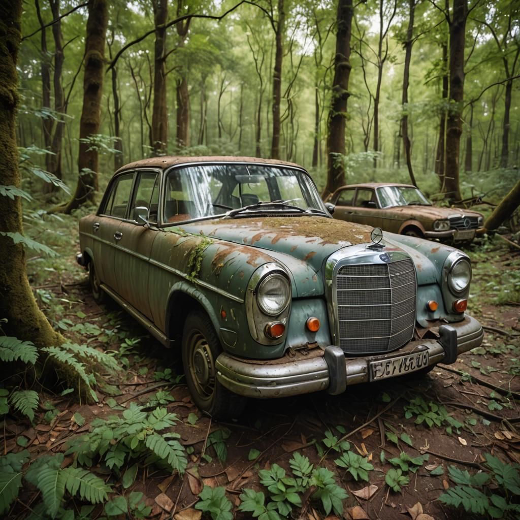 Abandoned Mercedes in Overgrown Forest: Street Photography