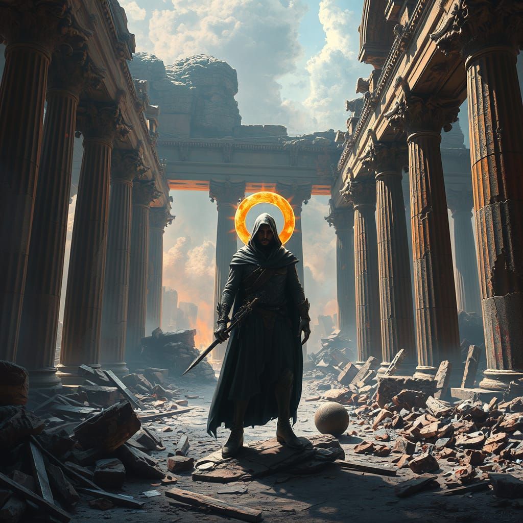 Apostle of Chaos in a Dystopian Ruin Landscape