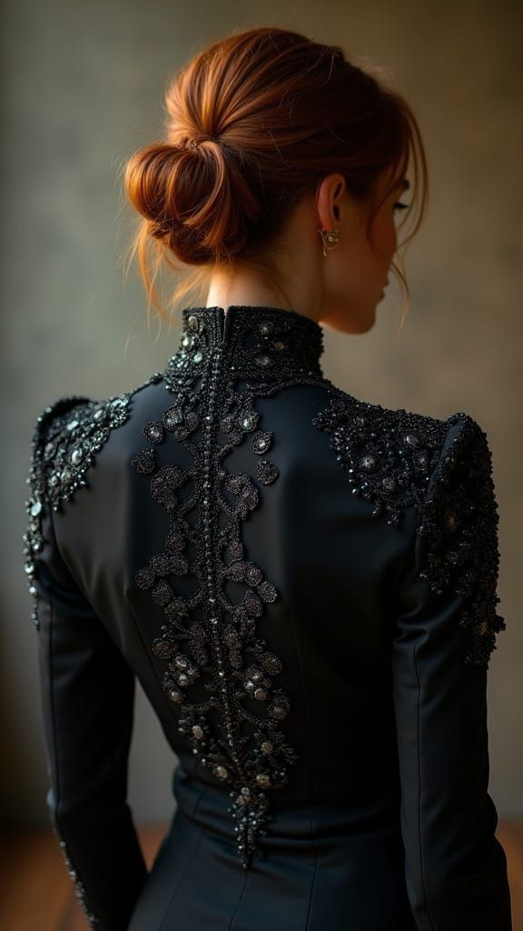 Cinematic Portrait of Woman in Embroidered Black Suit