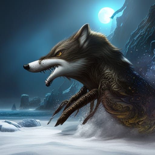 Wolf Shark Hybrid Concept Art in Detailed Matte Painting