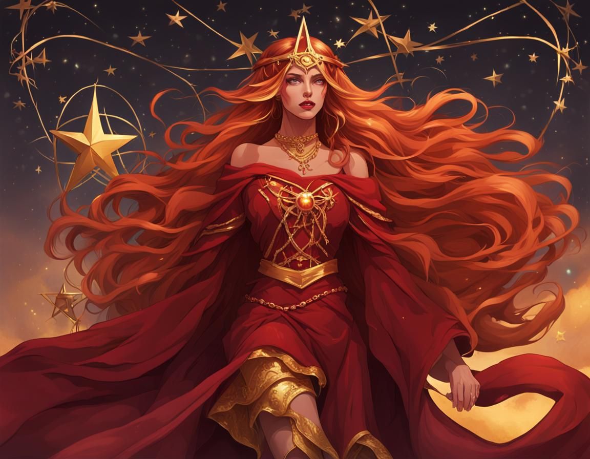 Hyperrealistic Red Witch in Snowy Forest at Night