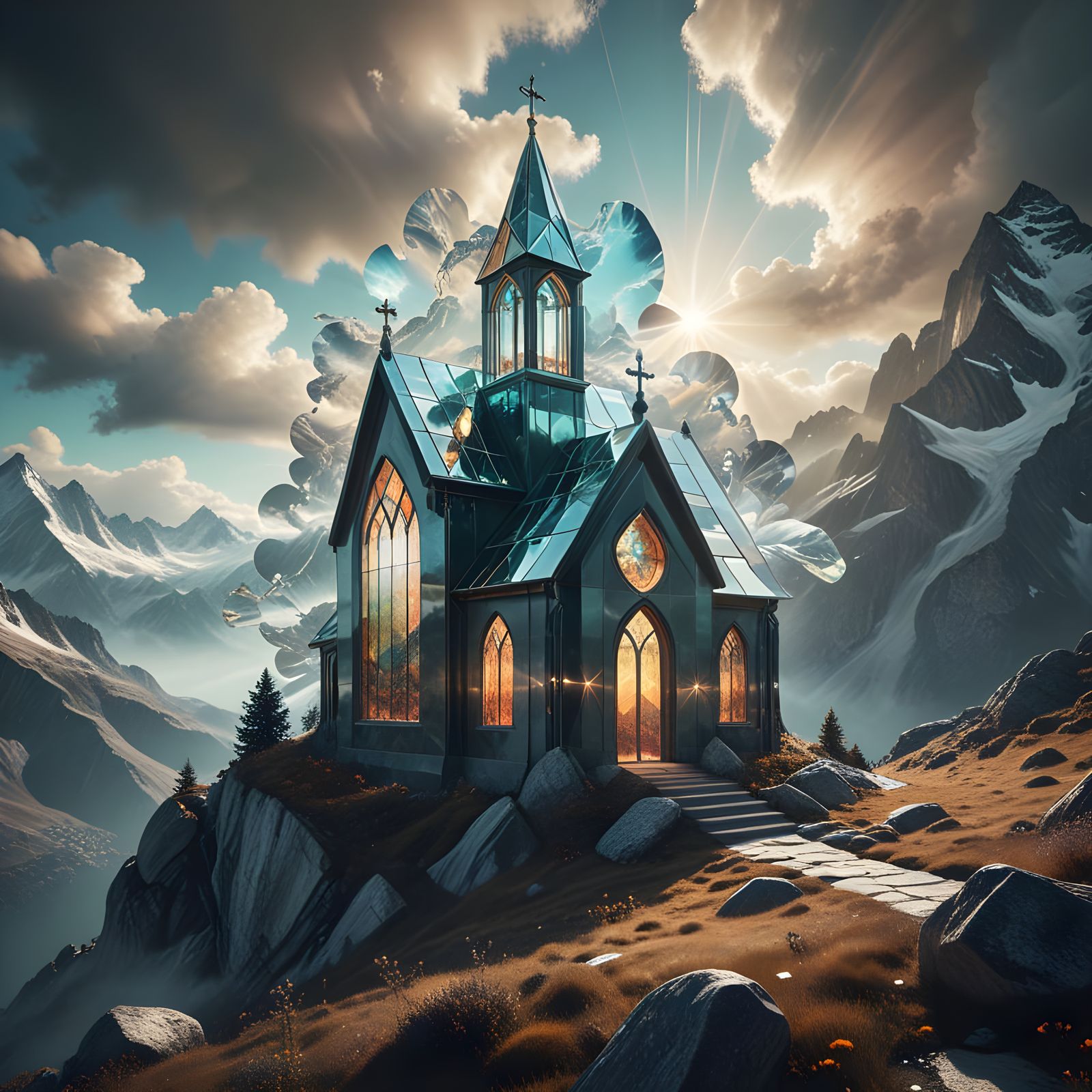 A translucent alpine chapel floats above the Swiss peaks, it...