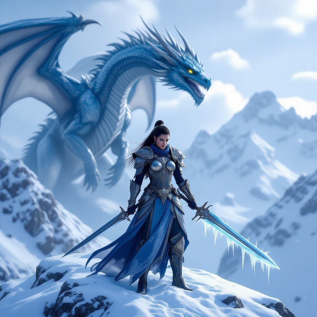 Fierce Warrior and Ice Dragon on Snowy Peak