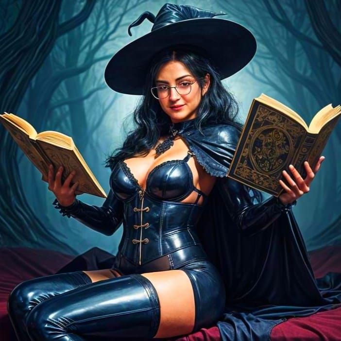 Mature Witch Reading a Grimoire as Fantasy Art