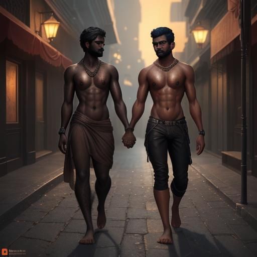 Tamil Gay Couple Walking at Night: Fantasy Art