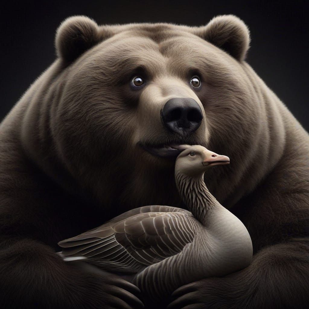 Comedic Kodiak Bear with Grey Goose: Close-up Photograph