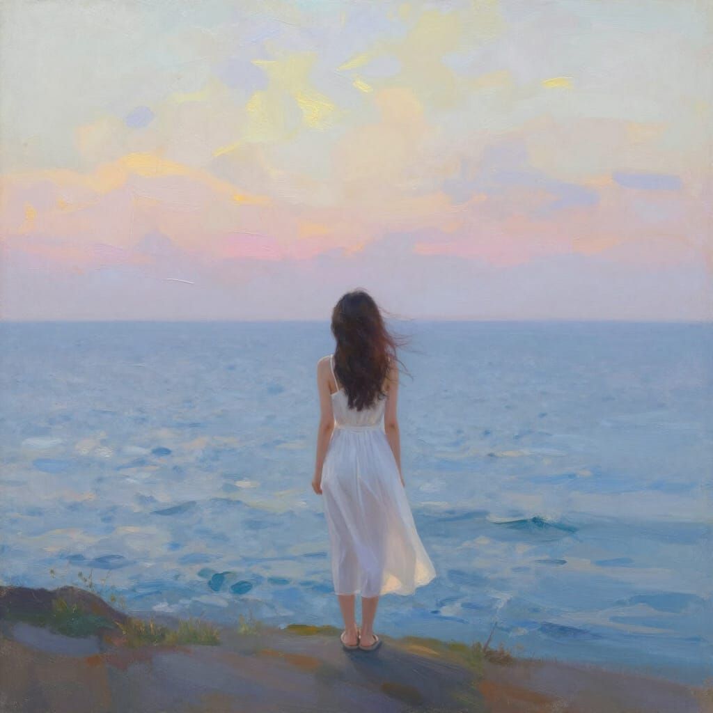 Woman Gazes At Painterly Ocean Horizon