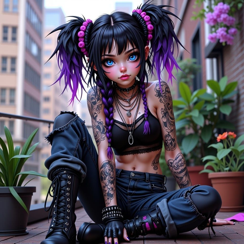 Cutepunk Girl with Spiky Hair on Rooftop Garden