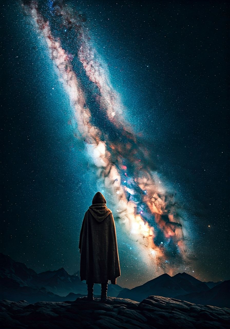 Lone Figure Gazing at Infinite Starry Sky