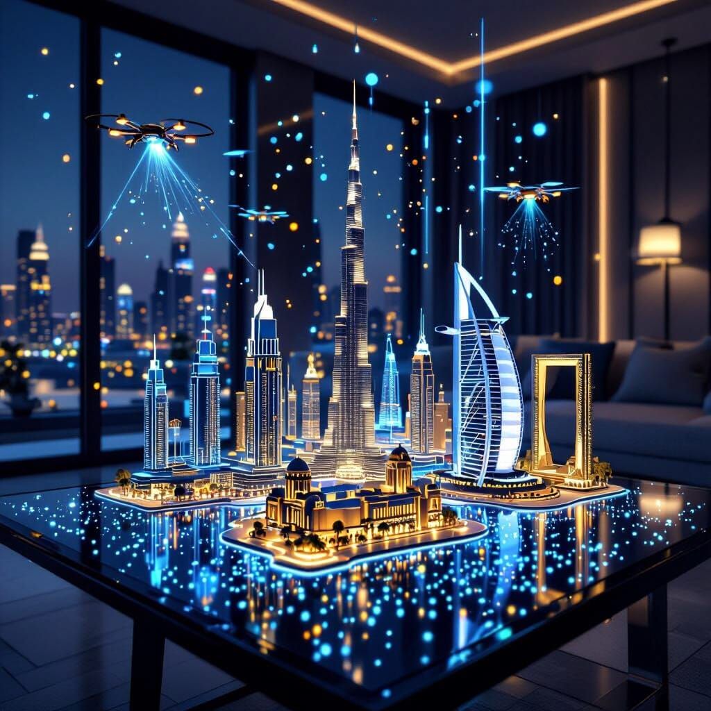 Futuristic Dubai Map on Glass Table with Arab Accents