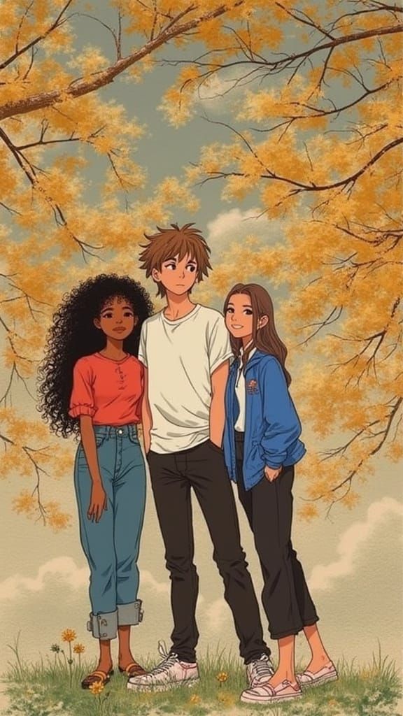 Whimsical Trio in a Vibrant Studio Ghibli Landscape