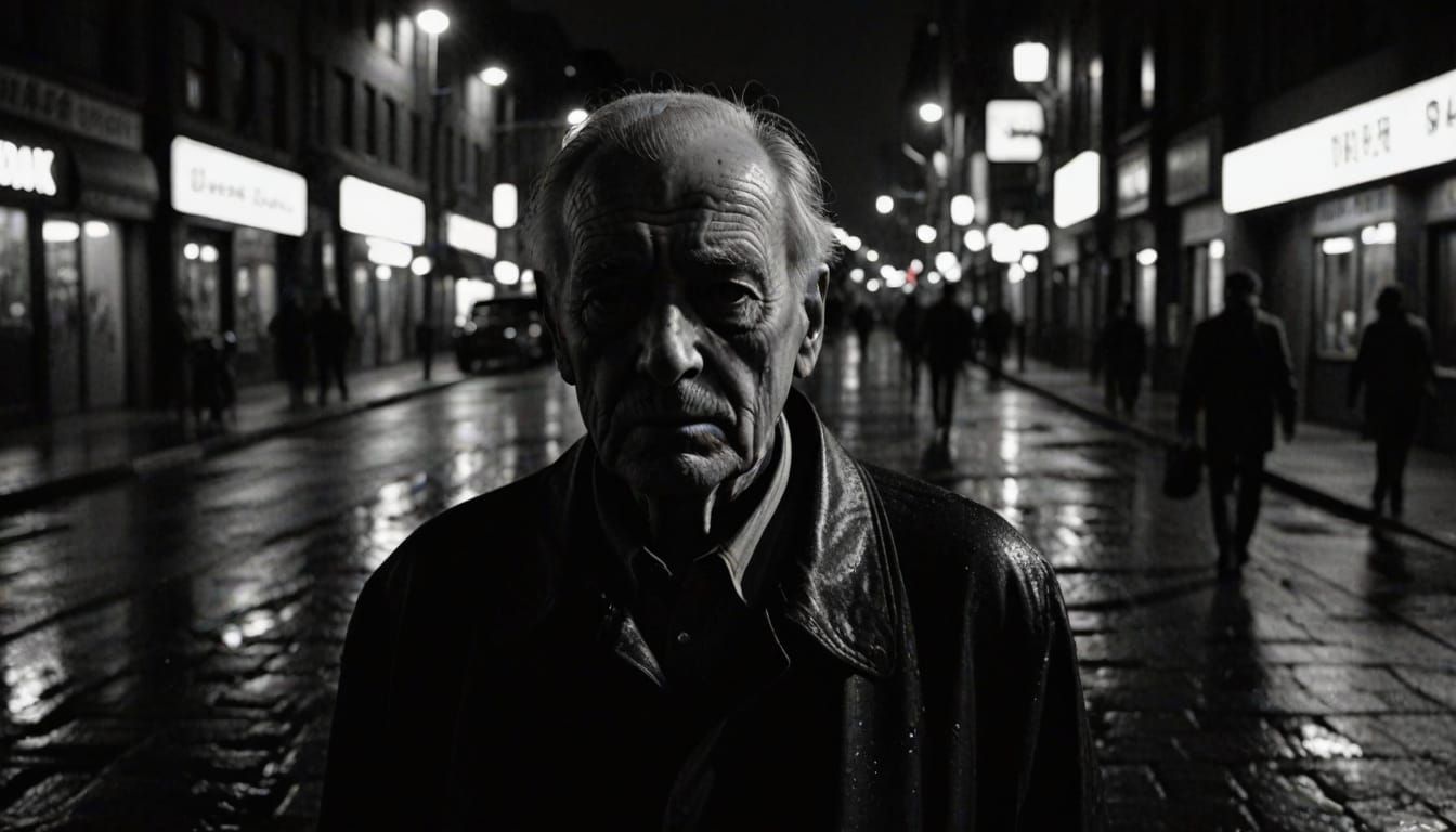 Urban Noir: Elderly Man in Moody Cityscape