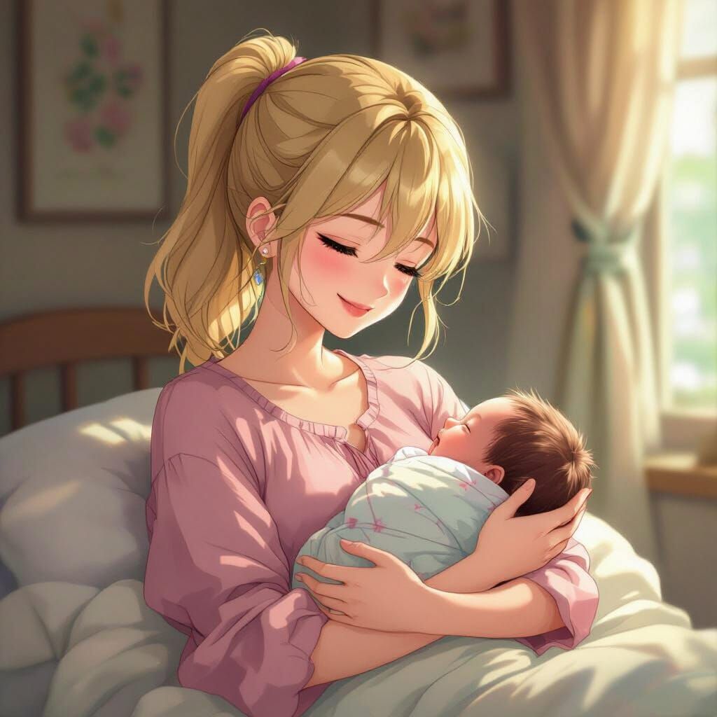 Tearju Lunatique Cradles a Newborn Baby, Anime Style