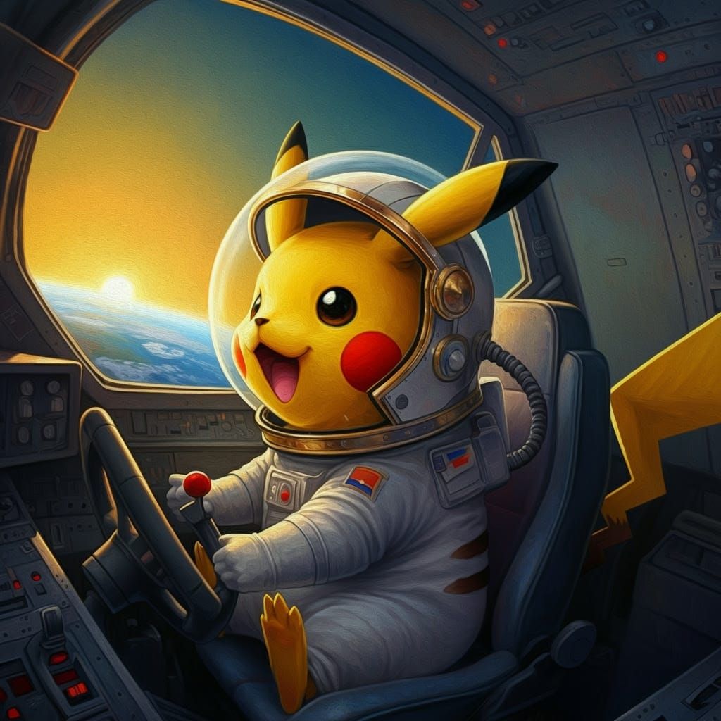 Pikachu Blasts Off into Space in Vibrant Oil Painting