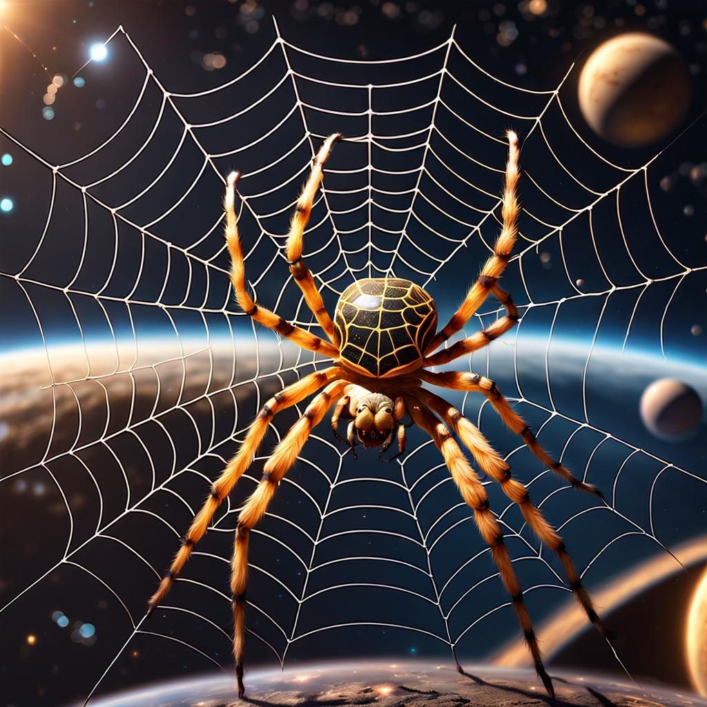 Giant Spider Web in Space with Golden Spider