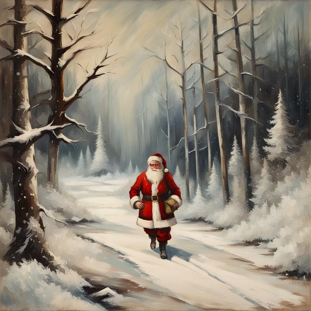Vintage Santa Claus in Winter Storm Oil Painting