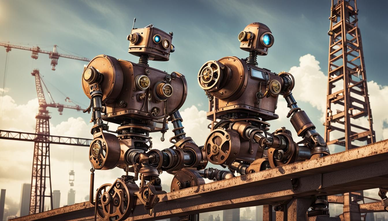 Steampunk Robot Lunch Break on Tower Construction