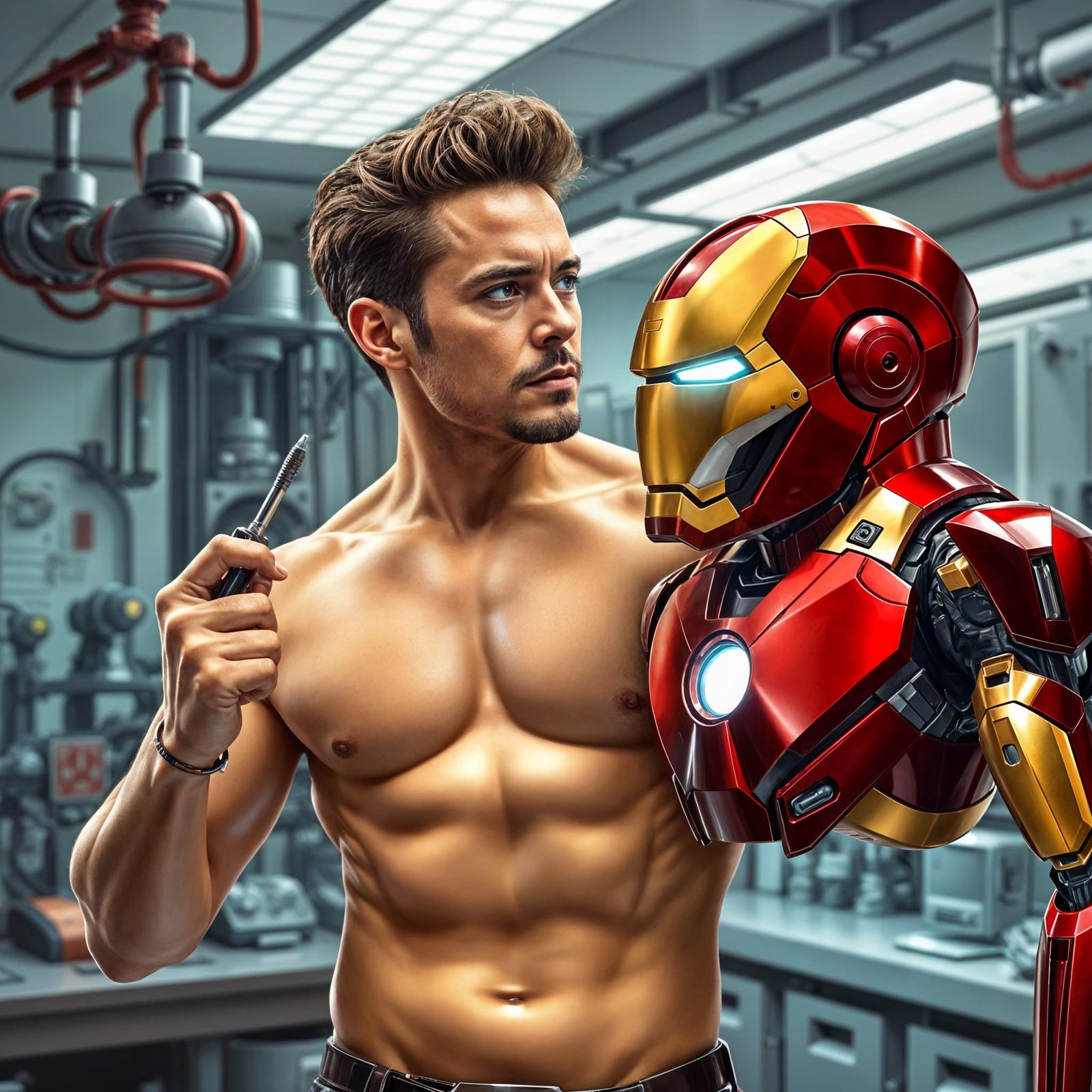 Tony Stark in High-Tech Lab, Shirtless and Confident
