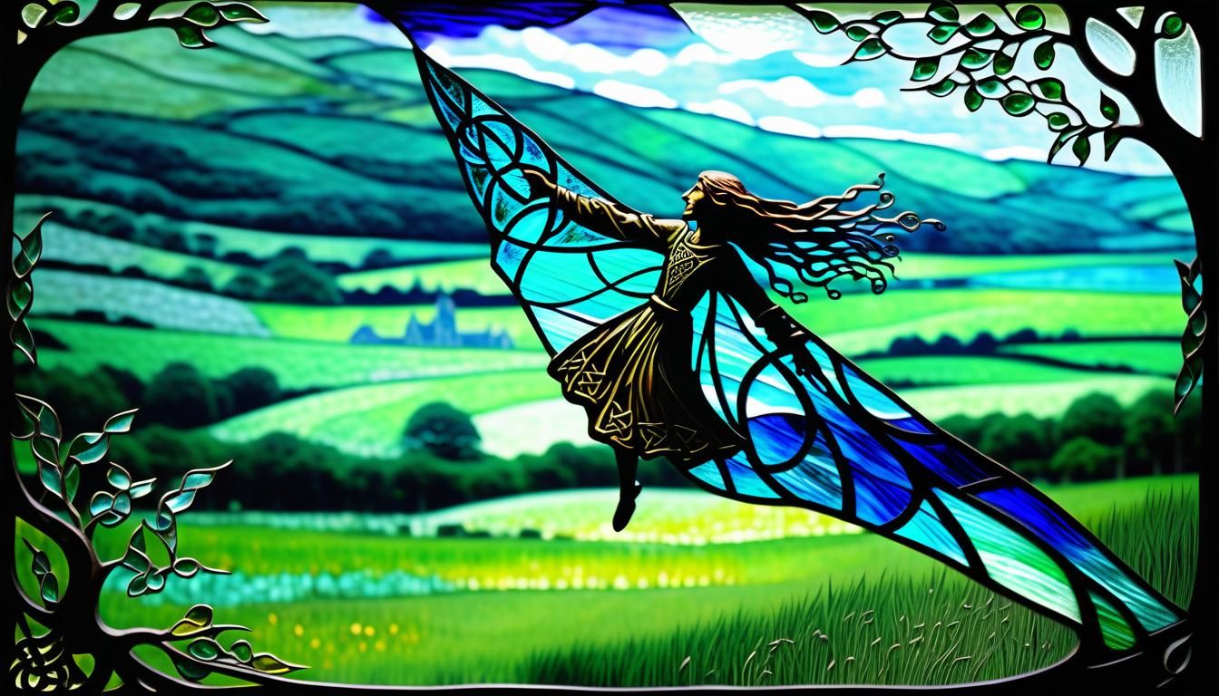 Celtic Banshee in Stained Glass Landscape