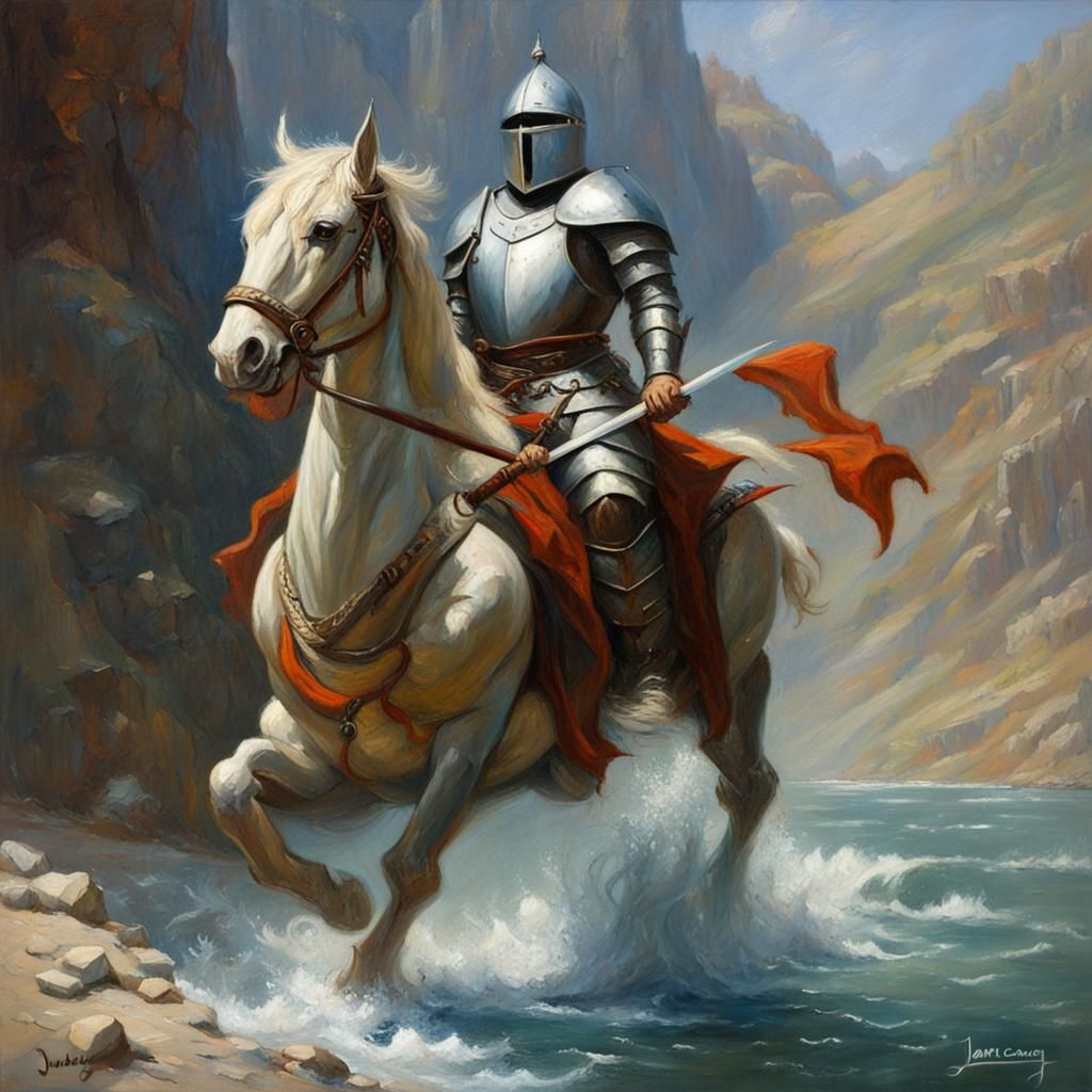 Knight on Dragon as Oil Painting