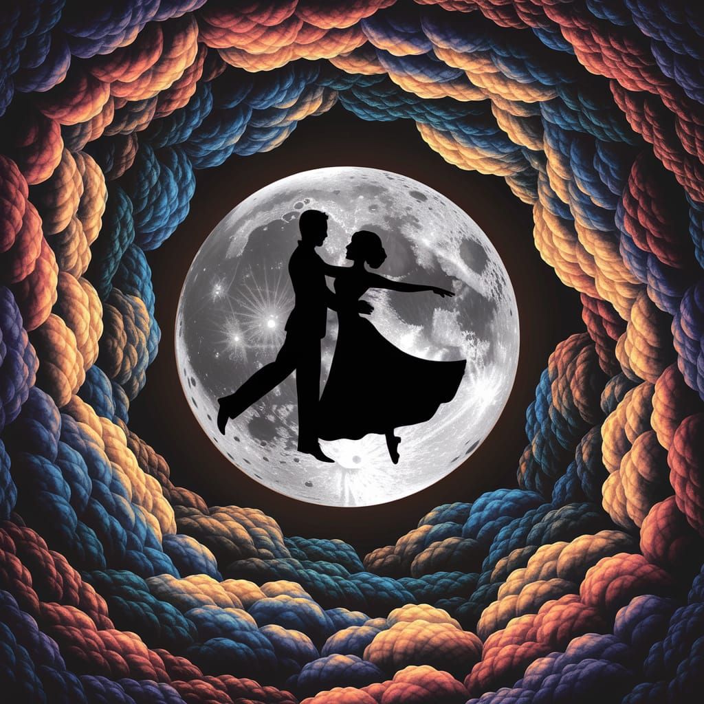 Lunar Dance: Silhouette Couple in Moonlit Embrace