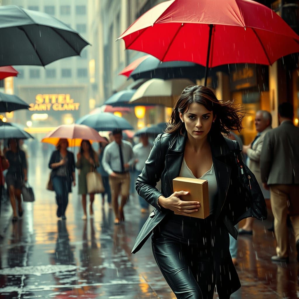 Spy Heroine Runs Through Stormy Marketplace