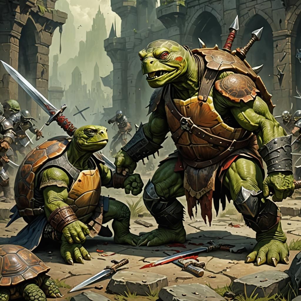 Turtle Warrior Decapitates Orc in Battle