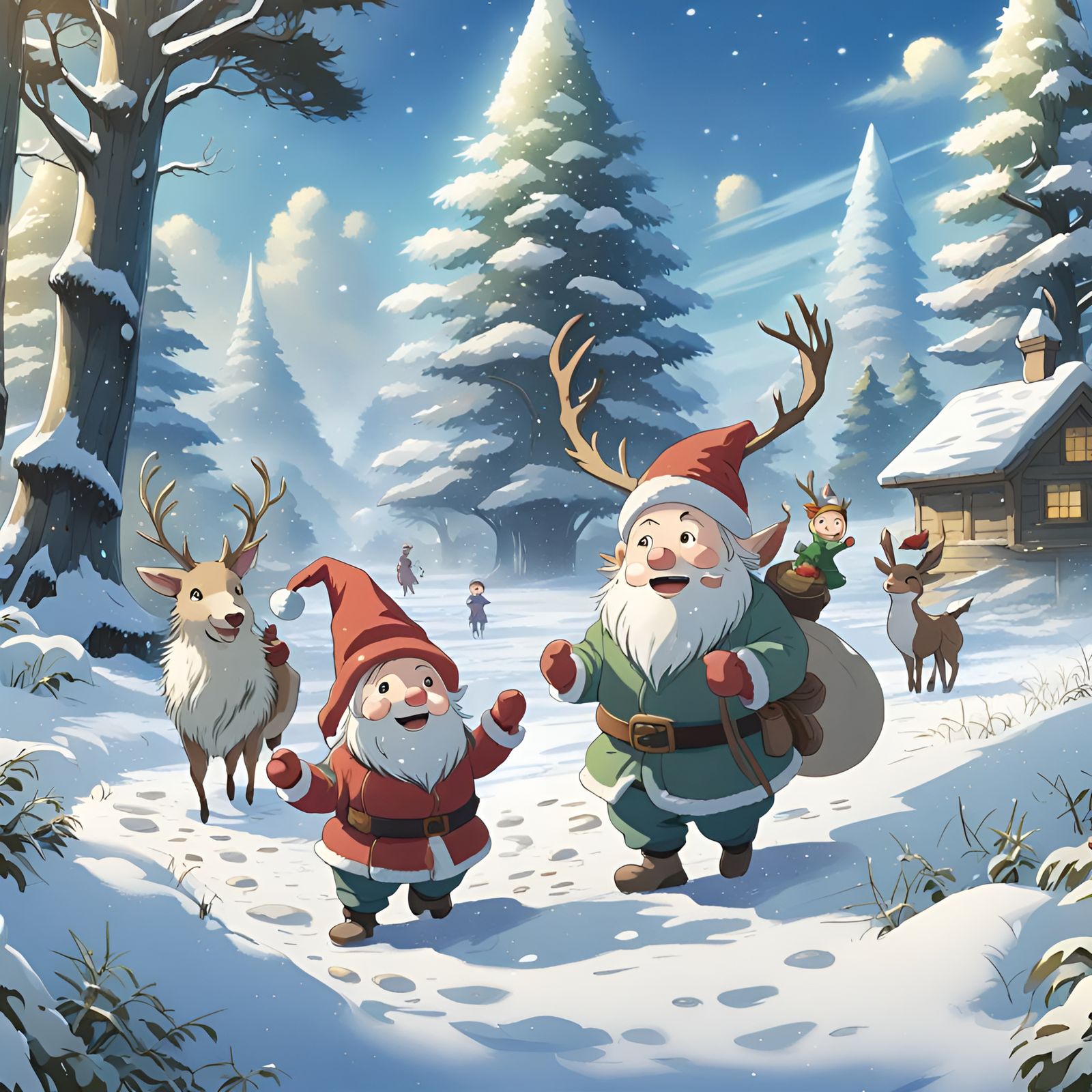 Gnomes Building Snowman in Winter Wonderland, Ghibli Style