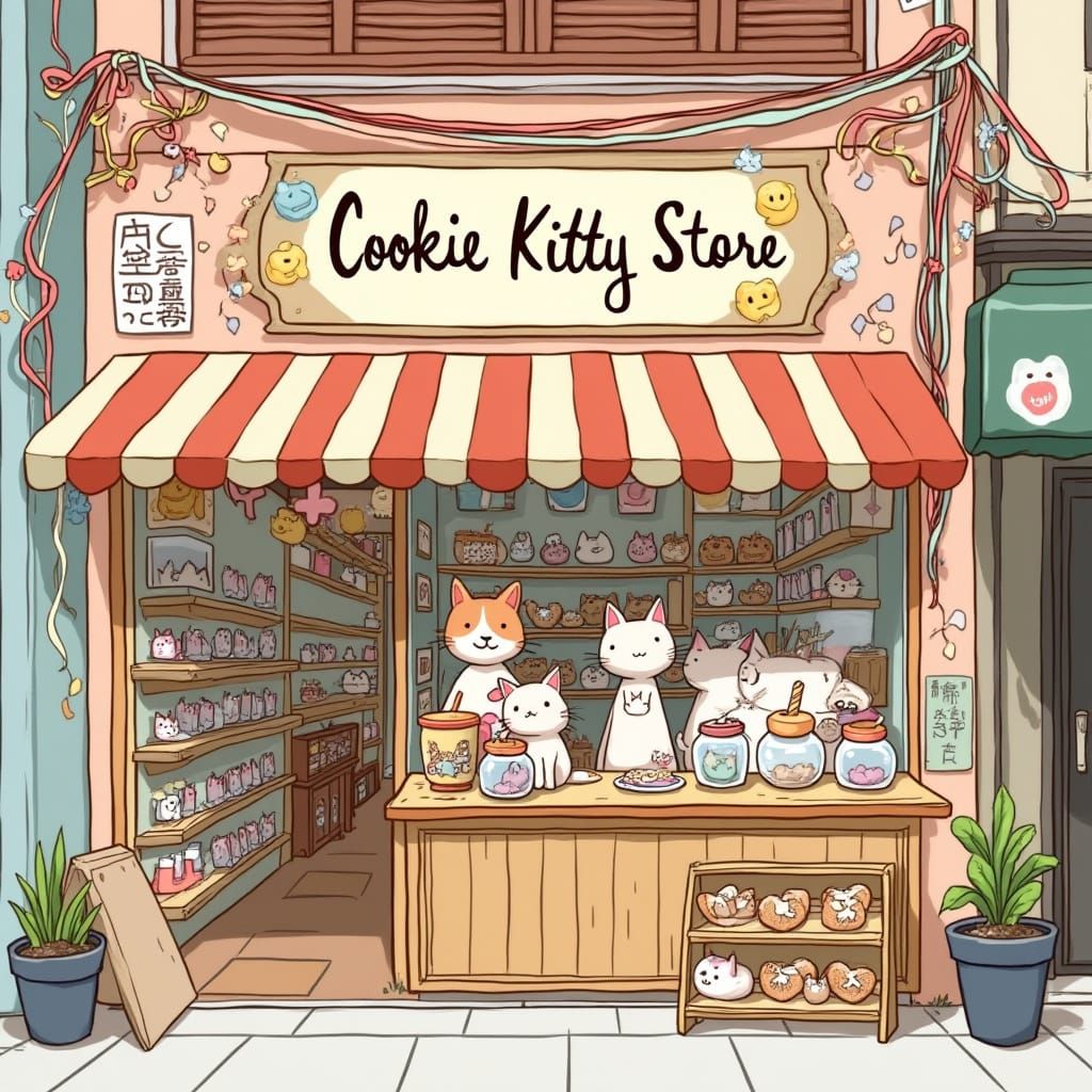 Whimsical Kitty Store in Vibrant Japanese Manga Style