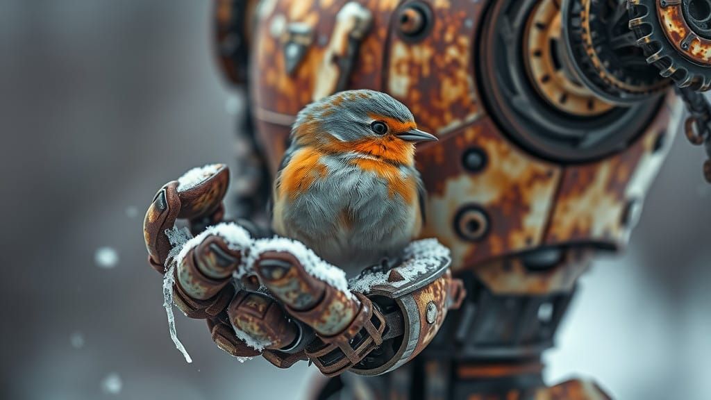 Weathered Robot Tenderly Holds Frozen Robin in Metallic Palm