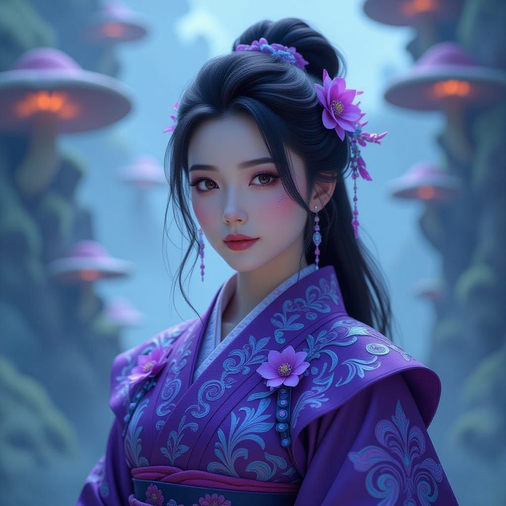 Ethereal Lilac Goddess Amidst Toxic Bloom