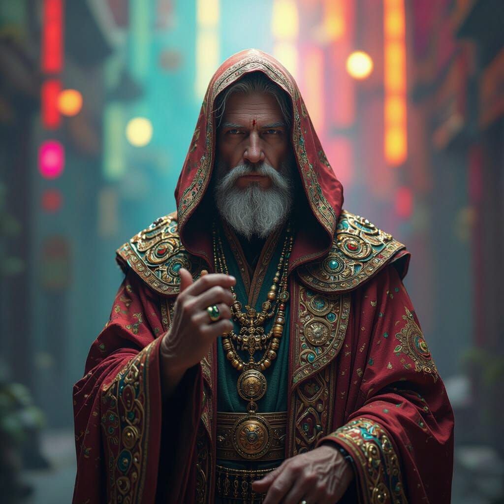 Ancient Being in Ornate Robes: Hyperrealistic Portrait