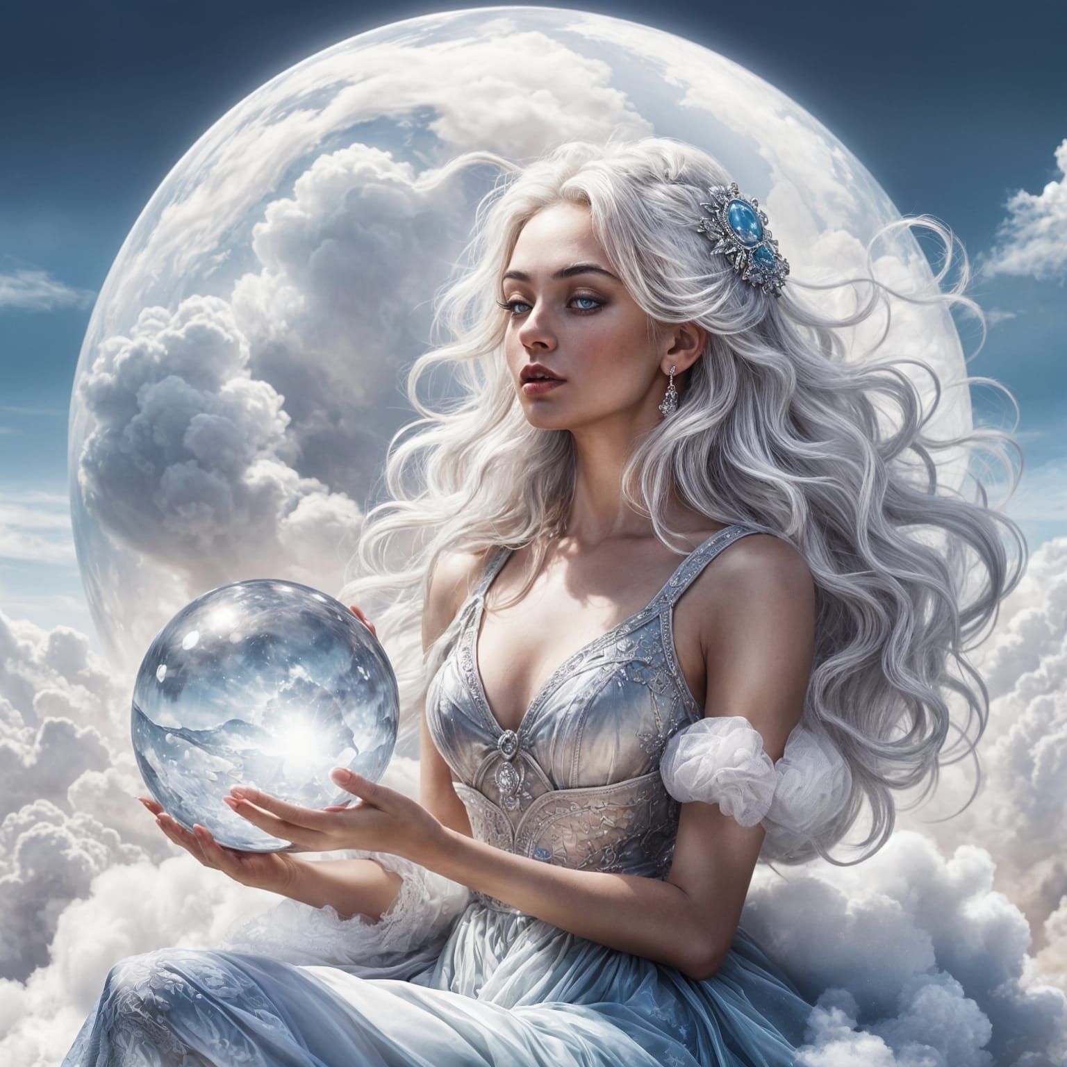 Woman on Cloud with Crystal Ball: Hyperrealistic Art