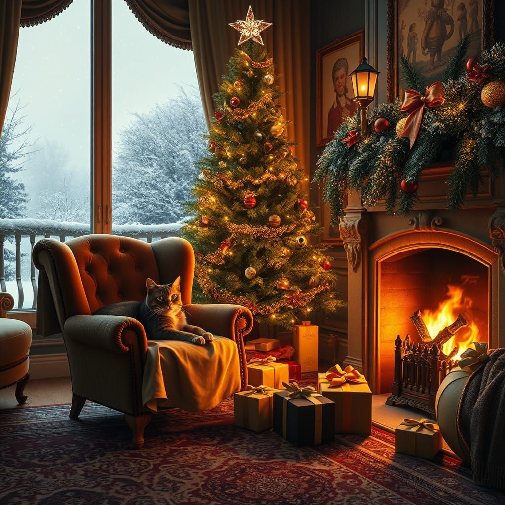 Winter Wonderland Scene of Cat Basking by Crackling Fire