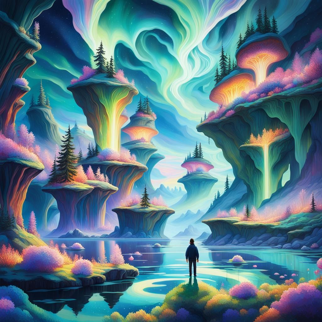 Astral Dreamscape: Luminous Islands in Mixed Media Style