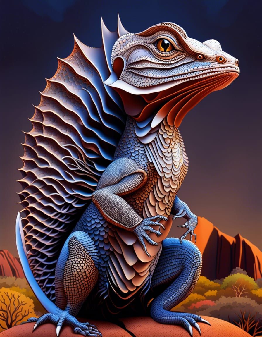 Frilled Lizard with Uluru in Quantum Zentangle Style