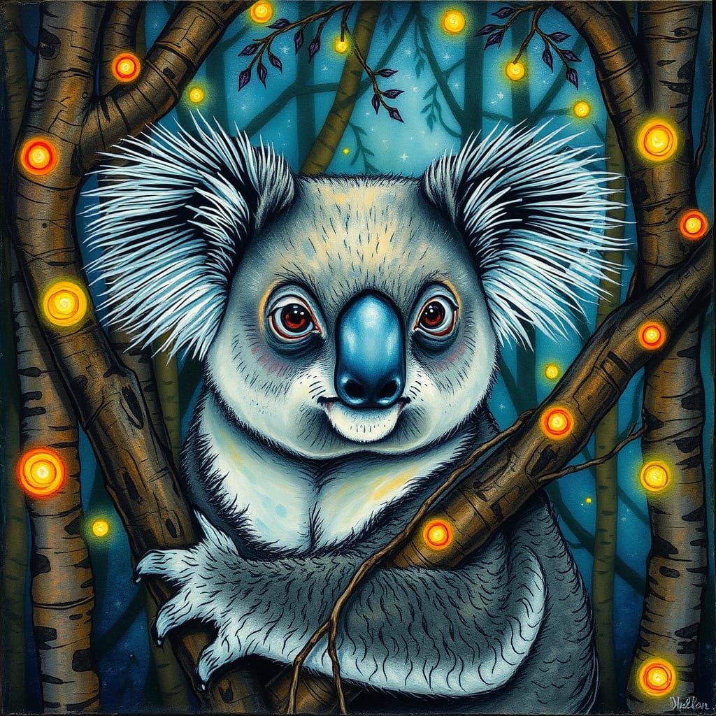 Encaustic Wax Portrait of a Koala in a Whimsical Eucalyptus ...