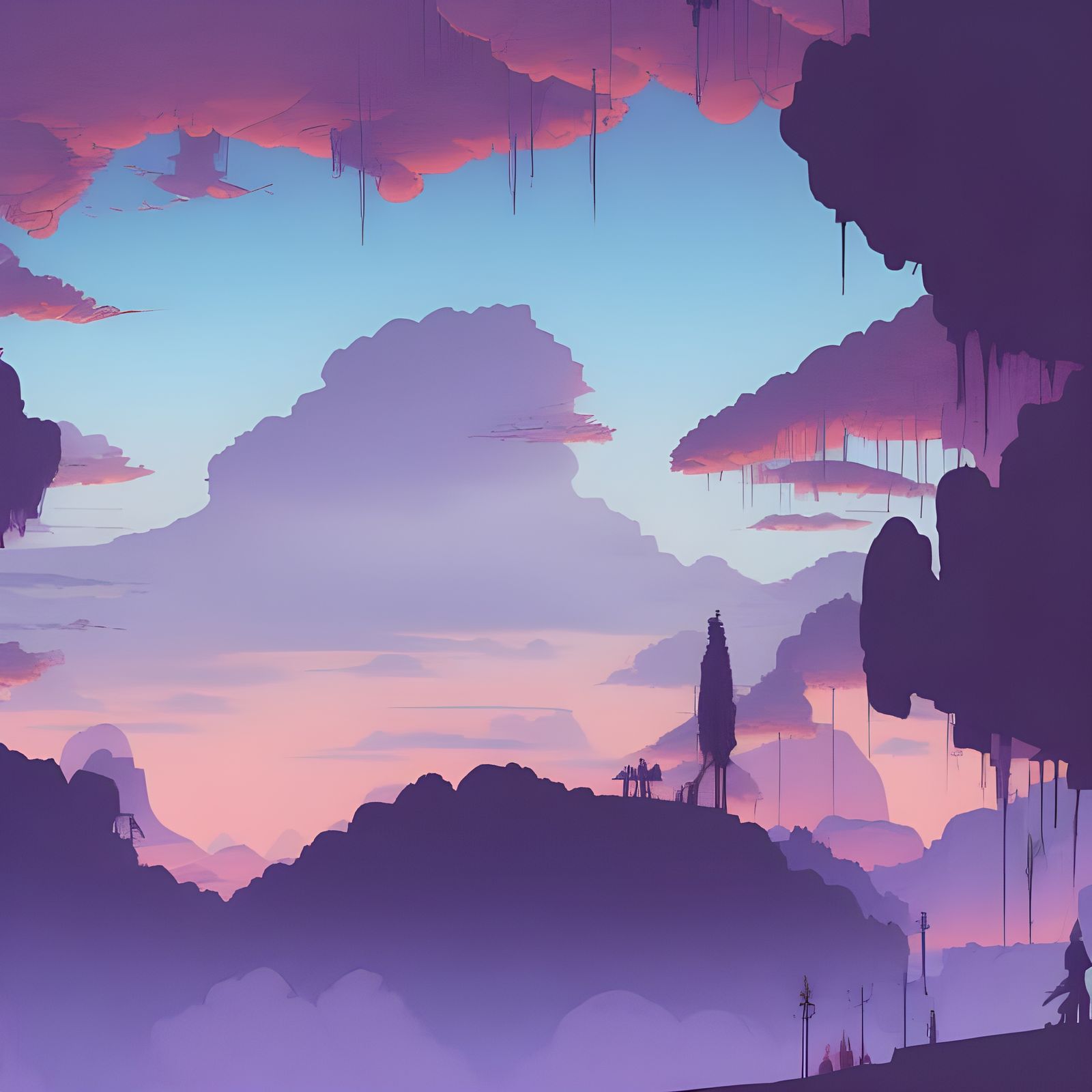 Blue and Pink Landscape in Studio Ghibli Style