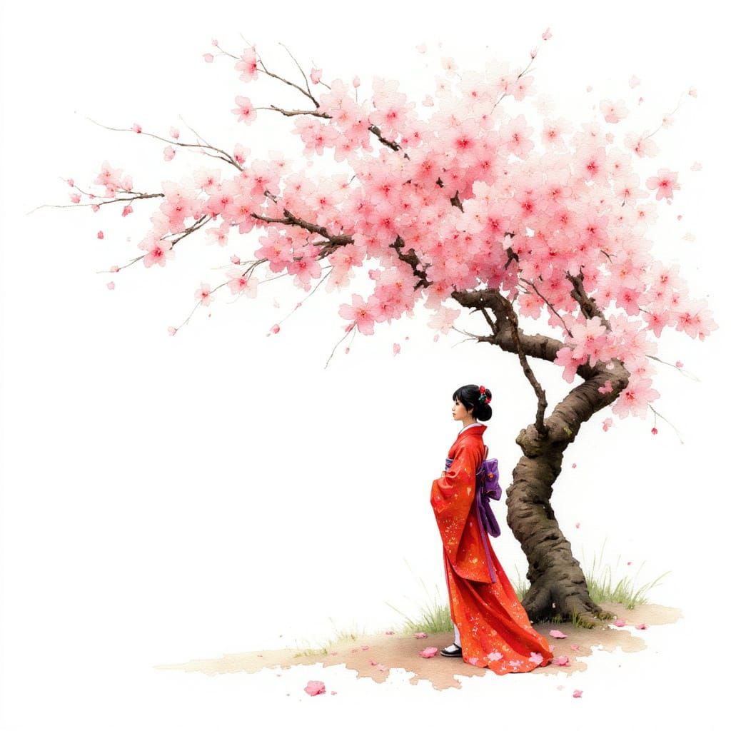 Cherry Blossom Tree and Kimono Woman in Snowfall