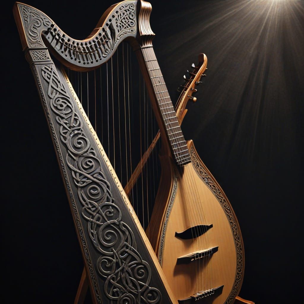 Celtic Harp and Lute on Stage in Charcoal Drawing Style