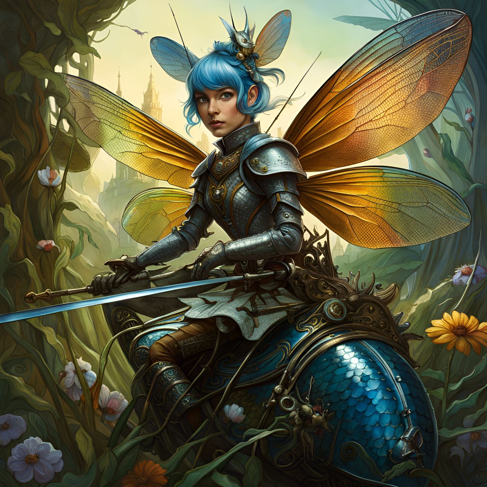 Pixie Knight on Dragonfly Mount in Fairytale Countryside