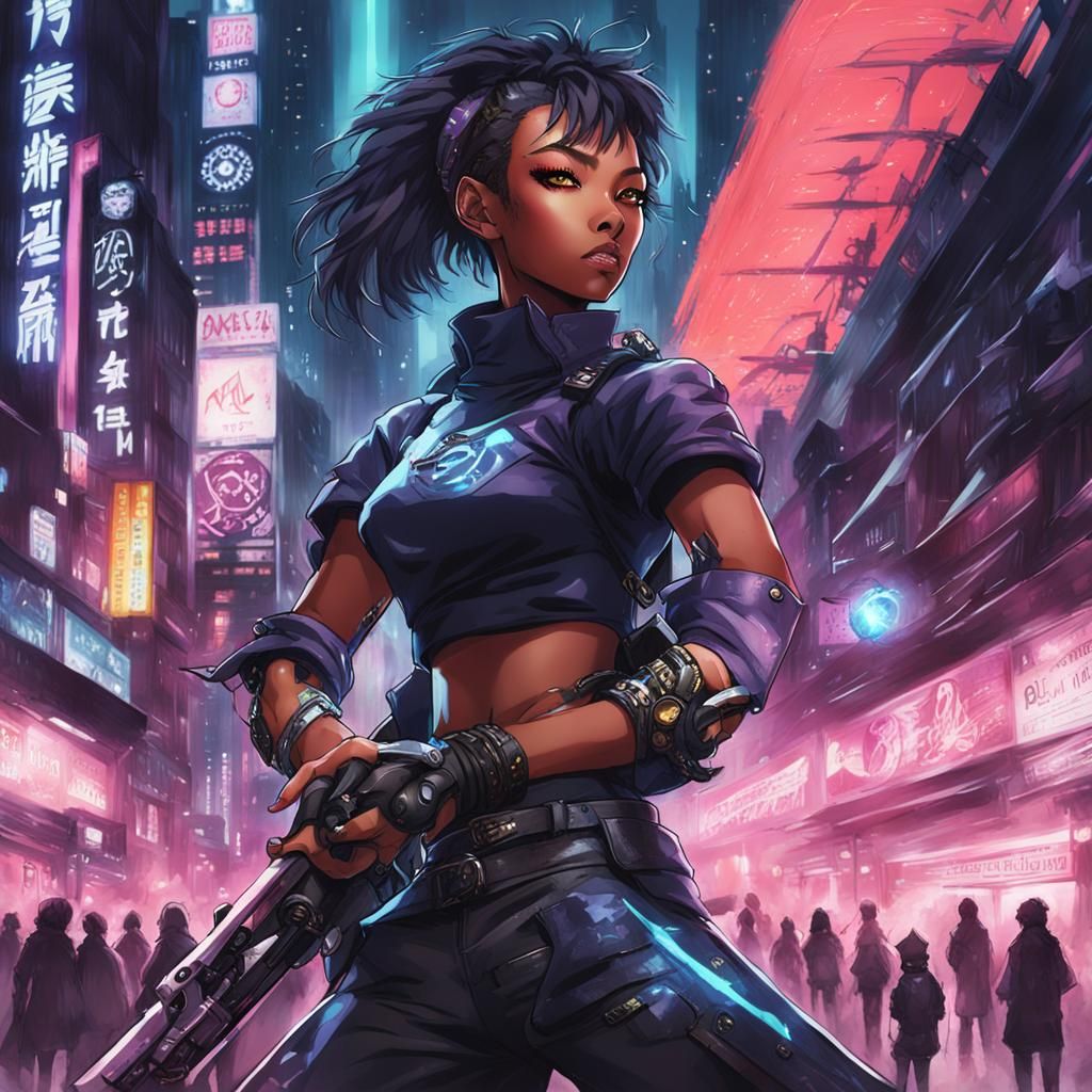 Cyberpunk Spellcaster in Mega City, Anime Style