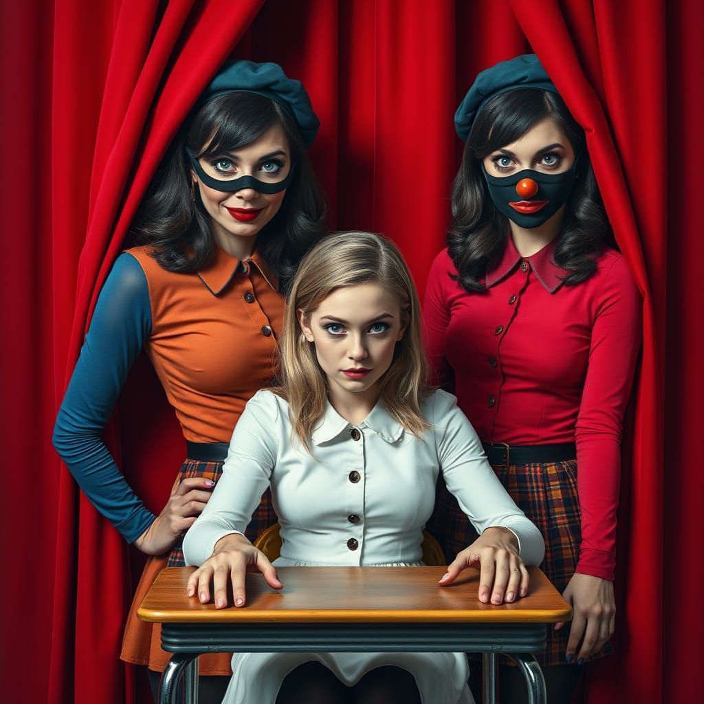 Serious Women in Clown Masks Confront a Young Scholar