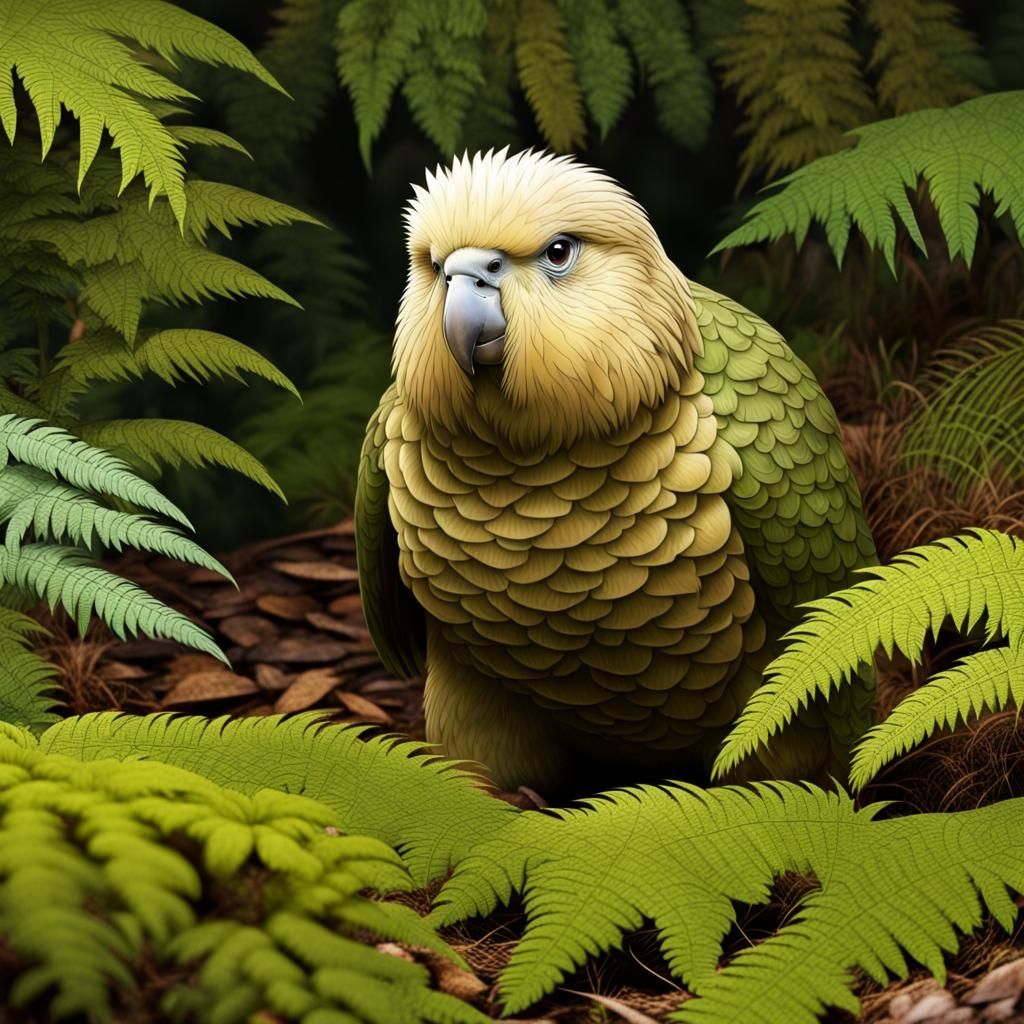 Kakapo in Native New Zealand Forest