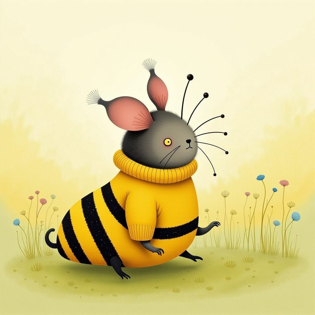 Bumble-Mouse in Sunny Meadow, Whimsical Art Style