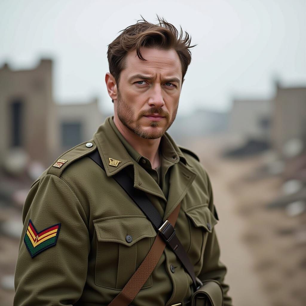 James McAvoy in War-Torn Landscape, Cinematic Portrait