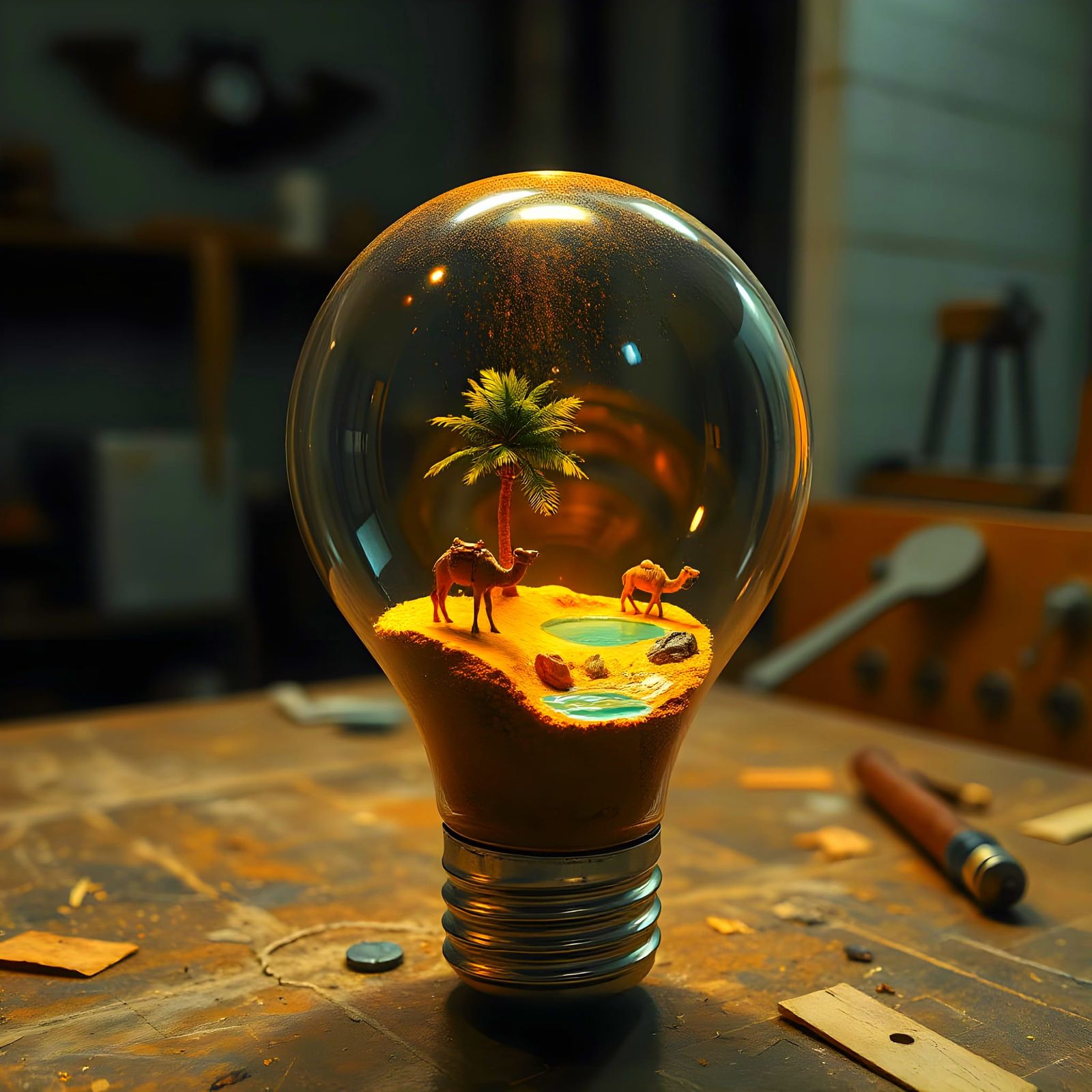 Desert Oasis in Light Bulb: Surreal Digital Art