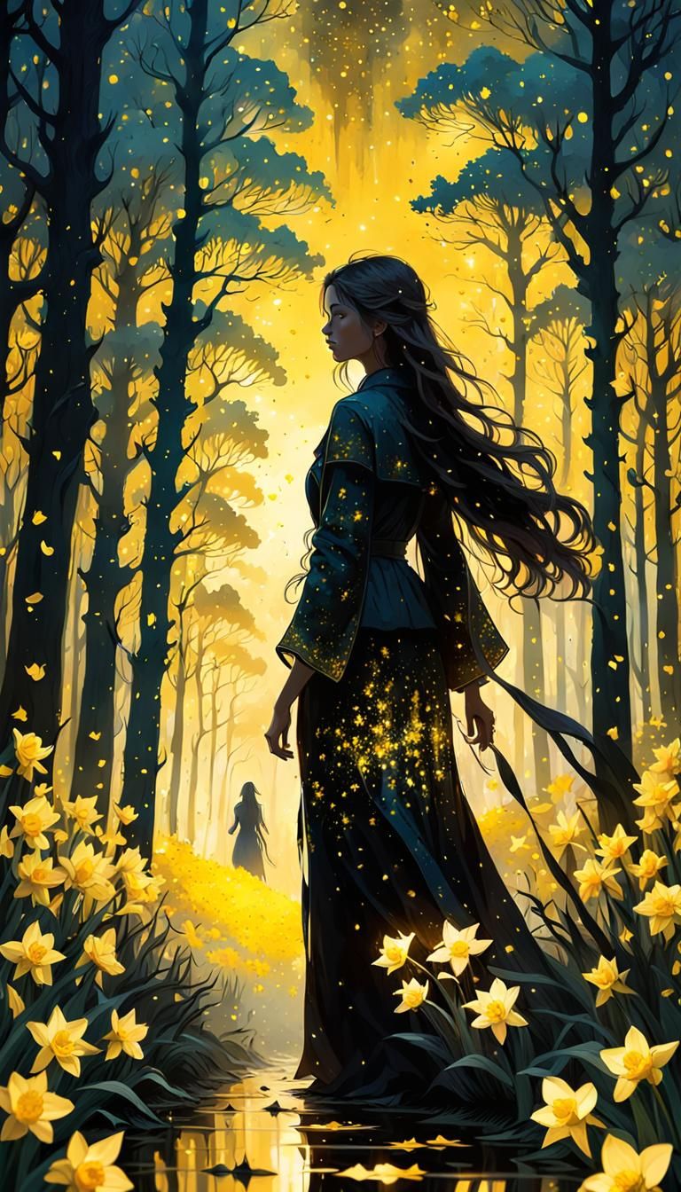 Dreamy Forest Girl Silhouette with Yellow Petals
